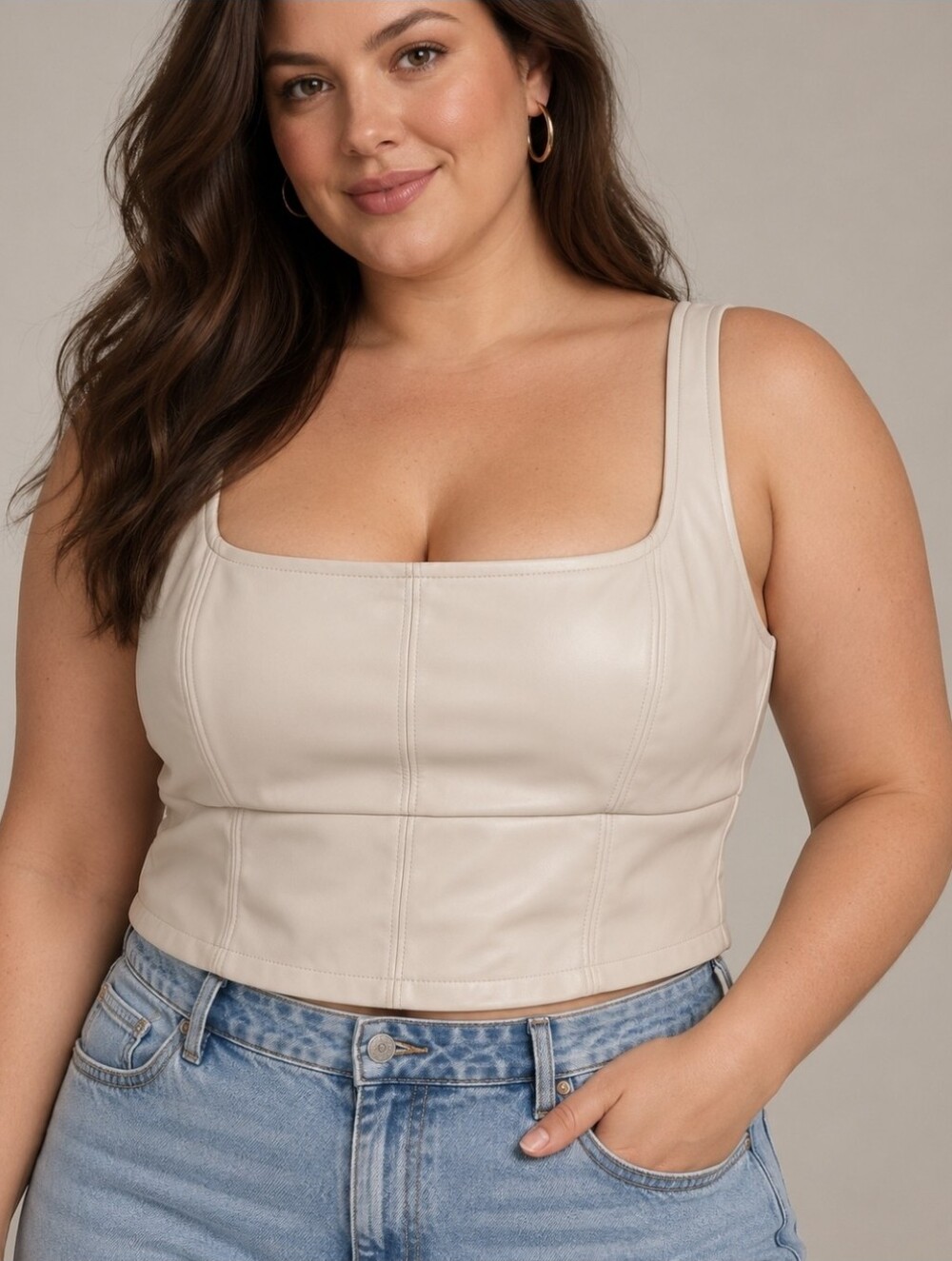 Banana Republic Square Neck Faux Leather Crop Tank Top - Cream - Size 14